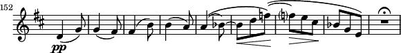 \relative c' \new Staff \with { \remove "Time_signature_engraver" } { \key d \major \time 3/8 \set Staff.midiInstrument = "violin" \set Score.tempoHideNote = ##t \tempo 4. = 76 \set Score.currentBarNumber = #152 \bar "||" d4(\pp g8) g4( fis8) fis4( b8) b4( a8) a4( \( bes8)~ bes\< df\! \) (~ f?\> e cis\! bes ge) R2*3/4\fermata }