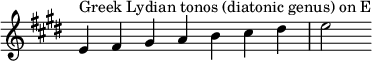 { \key e \major \override Score.TimeSignature #'stencil = ##f \relative c' { \clef treble \time 7/4 e4^\markup { ギリシャのリディア調の tonos (全音階属) on E } fis gis ab cis dis e2 } }