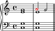 \new PianoStaff << \new Staff << \new Voice \relative c'' { \clef treble \key c \major \time 4/4 \stemUp g1 \once \override NoteHead.color = #red a2 g } \new Voice \relative c' { \stemDown e1 e } >> \new Staff << \relative c { \clef bass \key c \major \time 4/4 <c g'>1 <c g'> \bar "||" } >> >>