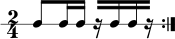  \new RhythmicStaff { \clef percussion \time 2/4 \repeat volta 2 { c8 c16 cr[ ccr] } } 