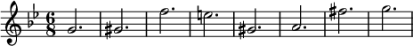 
{ \relative c'' { \time 6/8 \key bes \major g2. gis f' e gis, a fis' g } }
