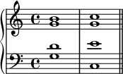 \new PianoStaff << \new Staff << \new Voice \relative c'' { \stemUp \clef treble \key c \major \time 4/4 b1 c } \new Voice \relative c'' { \stemDown g1 g } >> \new Staff << \new Voice \relative c' { \stemUp \clef bass \key c \major \time 4/4 d1 e } \new Voice \relative c' { \stemDown g1 c, \bar "||" } >> >>