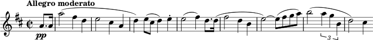 \relative c'' { \key d \major \time 2/2 \tempo "アレグロ・モデラート" \partial 4 a8.\pp a16 | a'2( fis4 d | e2 cis4 a | d) e8( cis d4) e-。 | e2(fis4)d8。 d16( | fis2 d4 b | e2~) e8( fis ga) | b2( \times 2/3 { a4 gb,} | d2) cis4 }