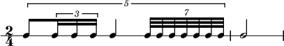 \new RhythmicStaff { \clef percussion \time 2/4 \set Score.tempoHideNote = ##t \tempo 4 = 68 \once \override TupletBracket.bracket-visibility = ##t \tuplet 5/4 {c8[ \tuplet 3/2 { c16 cc] } c4 \tuplet 7/4 { c32[ cccccc] } } c2 }
