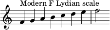 { \override Score.TimeSignature #'stencil = ##f \relative c' { \clef treble \time 7/4 f4^\markup { モダン F リディア旋法 } gabcde f2 } }