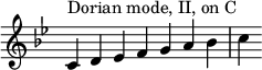 { \key c \dorian \override Score.TimeSignature #'stencil = ##f \relative c' { \clef treble \time 7/4 c4^\markup { ドリアン旋法、II、C } d es fga bes c } }