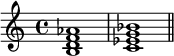 { \relative c' { \time 4/4 <bdf aes>1 <c es g bes> \bar "||" } }