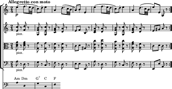 { << \new ChoirStaff << \relative c' { \magnifyStaff #3/4 \set Staff.midiInstrument = #"violin" \p \set Score.tempoHideNote = ##t \tempo 4 = 60 \time 2/4 \mark \markup { \abs-fontsize #10 { \bold { Allegretto con moto} } } \repeat volta 2 { e'4( f8. e32 d | c8) d-. e4 | a, d8.( c32 b | a8) b-. e,4 | e'( f8. e32 d | c8) d-. e4 | a, d8.( c32 b | e8) e, a, r } } \relative c' { \magnifyStaff #3/4 \set Staff.midiInstrument = #"pizzicato strings" \time 2/4 <e c'>8_"pizz." r <f d'> r | <g, f' b> r <g e' c'> r | <cf a> r <d a'> r | efb, r | <ce a> r <d a'> r | <g, f' b> r <g e' c'> r | <cf a> r <d a'> r | e gis ar | } \relative c' { \magnifyStaff #3/4 \set Staff.midiInstrument = #"pizzicato strings" \clef C \time 2/4 <ce a>8_"pizz." r <df a> r | <g, g'> r <g g'> r | <a f'> r <a f'> r | cd gis, r | <a e' c'> r <a f' d'> r | <g d' b'> r <g e' c'> r | <a f' a> r <a f'> r | cdcr | } \relative c' { \magnifyStaff #3/4 \set Staff.midiInstrument = #"pizzicato strings" \clef F \time 2/4 a8_"pizz." rd, r | grc, r | frdr | eee, r | a' rd, r | grc, r | frdr | e, e' a, r | } >> \new Staff = "chords" \with { \omit TimeSignature \magnifyStaff #3/4 } \relative c' { \hide Staff.KeySignature \clef F { \hide Stem a8 sd, sgsc, sfs }} \addlyrics \with { alignAboveContext = "chords" \override VerticalAxisGroup.nonstaff-relatedstaff-spacing = #'((basic-distance . 3)) } { \override LyricText.font-size = #-2 Am Dm \markup{\concat{G\super{7}}} CF } >> } \layout { line-width = #150 }