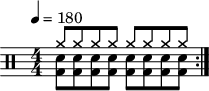 \version "2.22.0" \header { tagline = ##f} \score { \drums \with {midiInstrument = "drums"} \with { \numericTimeSignature } { \tempo 4 = 180 \repeat volta 2 { <<{ cymra8 cymra cymra cymra cymra cymra cymra cymra}\\{<bd sne>8 <bd sne>8 <bd sne>8 <bd sne>8 <bd sne>8 <bd sne>8 <bd sne>8 <bd sne>8 }>>\break } } \layout {} } \score { \unfoldRepeats { \drums \with {midiInstrument = "drums"}{ \repeat volta 2 { <<{cymra8 cymra cymra cymra cymra cymra cymra cymra}\\{<bd sne>8 <bd sne>8 <bd sne>8 <bd sne>8 <bd sne>8 <bd sne>8 <bd sne>8 <bd sne>8 }>>\break } } } \midi { \tempo 4 = 180 } }