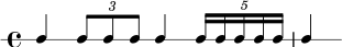  \new RhythmicStaff { \clef percussion \time 4/4 \set Score.tempoHideNote = ##t \tempo 4 = 80 c4 \tuplet 3/2 { c8 cc } c4 \tuplet 5/4 { c16 cccc } c4 } 
