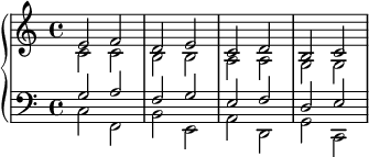{ \new PianoStaff << \new Staff << \new Voice \relative c' { \stemUp e2 fdecdbc } \new Voice \relative c' { \stemDown c2 cbbaagg } >> \new Staff << \new Voice \relative c' { \clef F \stemUp g2 afgefde } \new Voice \relative c { \stemDown cf, be, ad, gc, } >> >> }