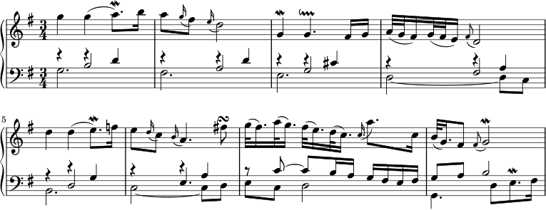  \new PianoStaff << \new Staff \relative c''' { \key g \major \time 3/4 g4 g( a8.)\mordent b16 | a8 \appoggiatura g16 fis8 \appoggiatura e16 d2 | g,4\mordent g4.\downprall fis16 g | a32( g fis16) g32( fis e16) \appoggiatura fis8 d2 | d'4 d( e8.)\mordent f16 | e8 \appoggiatura d16 c8 \appoggiatura b16 a4。は'!8\ターン | g32( fis16.) a32( g16.) fis32( e16.) d32( c16.) \appoggiatura c a'8. c,16 | b32( g16.) fis8 \appoggiatura fis g2\mordent | } \new Staff << \new Voice \relative c' { \voiceOne \clef bass \key g \major s4 f\rest d | s4 e\rest d | s4 d\rest cis | s4 d\rest a | s4 d\rest g, | s4 d'\rest a | r8 c~ c b16 ag fis e fis | g8 a b2 | } \new Voice \relative c' { \voiceThree r4 b2 | r4 a2 | r4 g2 | r4 fis2 | r4 d2 | r4 e4. s8 | } \new Voice \relative c' { \voiceTwo g2. | fis2. | e2. | d2~ d8 c | b2. | c2~ c8 d | e8 c d2 | g,4. d'8[ e8.^\mordent fis16] | } >> >> 