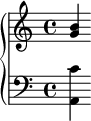 \new PianoStaff << \new Staff \relative { < g' b >} \new Staff \relative { \clef "bass" <a, c'>} >>