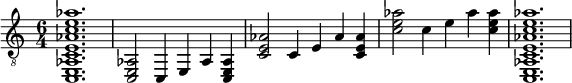 { \clef "treble_8" \time 6/4 < c, e, aes, ce aes c' e' aes' >1. || < c, e, aes, >2 <c,>4 <e,>4 <aes, >4 < c, e, aes, >4 || < ce aes >2 <c >4 <e >4 <aes >4 < ce aes >4 || <c' e' aes' >2 <c' >4 <e' >4 <aes' >4 < c' e' aes' >4 || <c, e, aes, ce aes c' e' aes'>1. }