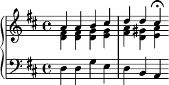 \new PianoStaff << \new Staff << \new Voice \relative c'' { \stemUp \clef treble \key d \major \time 4/4 a4 ab cis dd cis\fermata } \new Voice \relative c' { \stemDown <d fis>4 <d fis> <d g> <e g> <fis a> <d gis> <e a> } >> \new Staff << \relative c { \clef bass \key d \major \time 4/4 d4 dgedba } >> >>
