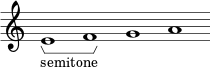 \new Staff \with { \consists Horizontal_bracket_engraver \remove "Time_signature_engraver" \remove "Bar_engraver" } \relative c' { e1 -\tweak HorizontalBracketText.text "semitone" \startGroup f\stopGroup ga}