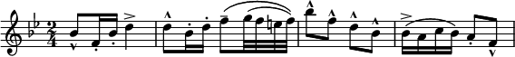 \relative c'' { \set Staff.midiInstrument = #"flute" \key bes \major \time 2/4 bes8-^ f16-. bes-. d4-> | d8-^ bes16-. d-. f8\(-- g32( fef)\) | bes8-^ f-^ d-^ bes-^ | bes16(-> ac bes) a8-. f-^ }