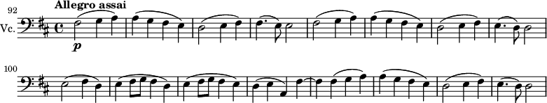 \new スコア { \new スタッフ { \relative c { \set Staff.instrumentName = #"Vc." \set Staff.midiInstrument = #"チェロ" \set Score.currentBarNumber = #92 \time 4/4 \key d \major \音部低音 \tempo "Allegro assai" 2 = 60 \set Score.tempoHideNote=##t \バー "" fis2\p( g4 a) | a4( g fi e) | d2( e4 fis) | fis4.( e8) e2 | fis2( g4 a) | a4( g fi e) | d2( e4 fis) | e4.( d8) d2 | \break e( fis4 d) | e( fis8 g fis4 d) | e( fis8 g fis4 e) | d(ea,) fis'~ |フィスフィス(ガ) | a( g fi e) | d2( e4 fis) | e4.( d8) d2 } } }
