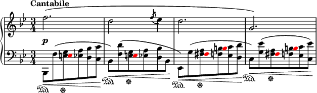 
    { \new PianoStaff << \new Staff << \new Voice \relative c'' { \tempo "Cantabile" \clef treble \key bes \major \time 3/4 \override DynamicLineSpanner.staff-padding = #2.5 f2.\p( d2 \acciaccatura { f8 } es4 d2. g,2.) } >> \new Staff << \new Voice \relative c { \clef bass \key bes \major \time 3/4 \override NoteHead.color = #red \hide Stem s4 e8 s4. s4 e8 s4. s4 fis8 b s4 s4 fis8 b s4 } \new Voice \relative c, { \clef brass \key bes \major \time 3/4 bes8\<\sustainOn_[ f''^( <e g>\sustainOff <es a> <d bes'> <c c'>]\! bes8\<\sustainOn_[) <f' d'>^( <e g>\sustainOff <es a> <d bes'> bes]\! es,8\<\sustainOn_[) g'^( <fis a>\sustainOff <f b> <es c'> <d d'>]\! c8\<\sustainOn_[) <g' es'>^( <fis a>\sustainOff <f b> <es c'> <c es'>])\! >> >> }

