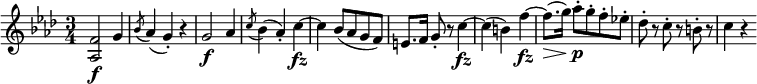 \relative f' { \key f \minor \time 3/4 <f as,>2 \f g4 | \acciaccatura bes8 as4( g-.) r g2 \f as4 | \acciaccatura c8 bes4( as-.) c~ \fz | c4 bes8( as gf) | e8. f16) g8-. r c4~ \fz c4( b) f'~ \fz | f8.( \> g16) as8-. \p g-. f-. es!-. | des8-. r c-. r b-. r | c4 r }
