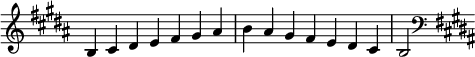 { \omit Score.TimeSignature \relative c' { \key b \major \time 7/4 b cis dis e fis gis ais b ais gis fis e dis cis b2 \clef F \key b \major } }