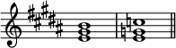 
{ \override Score.TimeSignature #'stencil = ##f \relative c' { \time 4/4 \key b \major <e gis b>1 <eg c> \bar "||" } }
