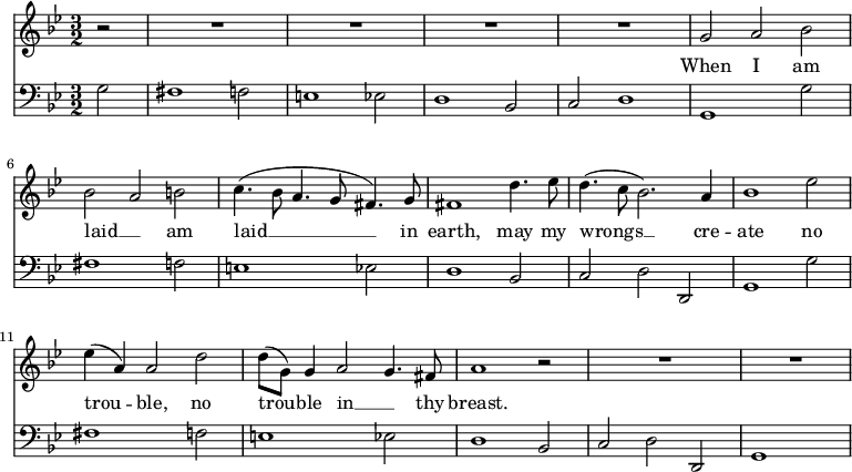 
<< \new Staff \fixed c' { \key g \minor \omit Score.MetronomeMark \tempo 2=60 \time 3/2 \partial 2 \set Staff.midiInstrument = "choir aahs" r2 | R1.*4 | g2 は | \break は ab | c'4.( bes8 a4. g8 fis4.) g8 |フィス1d'4。えす'8 | d'4.( c'8 bes2.) a4 | bes1 ees' 2 | 4(a) 2d' | 8( g) 4 a2 g4。フィス8 | a1r2 | R1.*2 | } \addlyrics { 私が土に横たわるとき、私の過ちがあなたの胸に何の悩みも生みませんように。 } \new Staff { \clef bass \キー g \minor \set Staff.midiInstrument = "チェロ" g2 | fis1 f2 | e1 ees2 | d1 bes,2 | c d1 | g, g2 | fis1 f2 | e1 ees2 | d1 bes,2 | cdd, | g,1 g2 | fis1 f2 | e1 ees2 | d1 bes,2 | cdd, | g,1 s2 | } >>

