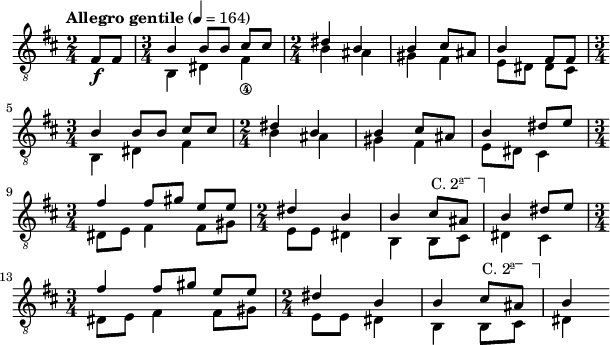 
\header { tagline = "" } foo = \relative c \new Staff { \key d \major \time 2/4 \clef "treble_8" \set Staff.midiInstrument = "acoustic guitar (nylon)" \overrideTimeSignatureSettings 3/4 % timeSignatureFraction 1/4 % baseMomentFraction #'(1 1 1) % beatStructure #'() % beamExceptions \tempo "Allegro gentile" 4 = 164 \partial 4 fis8\f fis \time 3/4 << { \override TextSpanner #'dash-fraction = #'() \override TextSpanner #'font-shape = #'upright \override TextSpanner #'(bound-details left text) = \markup { "C. 2ª" } \override TextSpanner #'(bound-details right text) = \markup { \draw-line #'(0 . -2) } \override TextSpanner #'(bound-details right padding) = #-3 \override TextSpanner #'(bound-details left stencil-align-dir-y) = #0.8 b4 b8 b cis cis | \time 2/4 dis4 b | b cis8 ais | b4 fis8 fis | \break \time 3/4 b4 b8 b cis cis | \time 2/4 dis4 b | b cis8 ais | b4 dis8 e | \break \time 3/4 fis4 fis8 gis ee | \time 2/4 dis4 b | b cis8 \startTextSpan ais \stopTextSpan | b4 ディスク 8 e | \break \time 3/4 fis4 fis8 gis ee | \time 2/4 dis4 b | b cis8 \startTextSpan ais \stopTextSpan | b4 } \\ { b,4 は fis_\4 |はい |ギスフィス | e8 ディスク シス | b4ディスフィス |はい |ギスフィス | e8ディスクシス4 | dis8 e fis4 fis8 gis |え、dis4 | b b8 シス |ディス4シス4 | dis8 e fis4 fis8 gis |え、dis4 | b b8 シス | dis4 } >> } \score { \foo \layout { インデント = 0\cm 線幅 = #150 } \midi {} }
