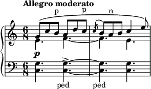 
    { \new PianoStaff << \new Staff << \new Voice \relative c'' { \tempo "Allegro moderato" \clef treble \key c \major \time 6/8 \voiceOne g8( cb^\markup { p } adc^\markup { p } \acciaccatura { c } ba^\markup { n } b c4 e8) } \new Voice \relative c' { \voiceTwo e4.\pf~ fe } >> \new Staff << \relative c { \clef bass \key c \major \time 6/8 <c g'>4. <c g'>~->_\markup { \center-align { ped } } <c g'>_\markup { \center-align { ped } } <c g'> } >> >> }
