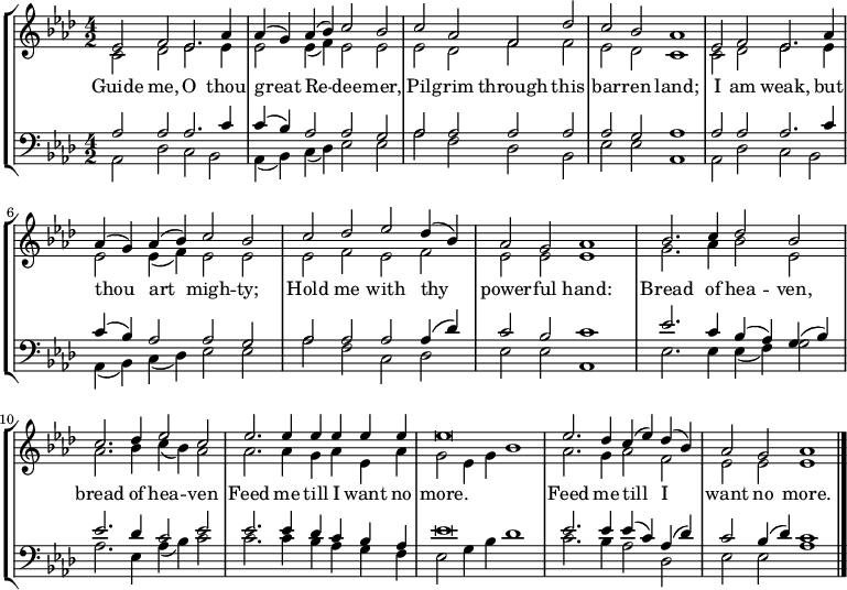 
\new StaffGroup << \new Staff \relative c' { \set Staff.midiInstrument = "church organ" \time 4/2 \key aes \major \tempo 2 = 80 \set Score.tempoHideNote = ##t << { \voiceOne ees2 f ees2. aes4 | aes (g) aes (bes) c2 bes2 | c aes f des' | c bes aes1 | ees2 f ees2. aes4 | aes (g) aes (bes) c2 bes2 | c2 des ees des4 (bes) | aes2 g aes1 | bes2. c4 des2 bes | c2. des4 ees2 c | ees2. ees4 ees ees ees ees | ees\breve | ees2. des4 c (ees) des (bes) | aes2 g aes1 \bar "|." } \new Voice="アルト" { \voiceTwo c,2 des ees2.えっ4 | ees2 ees4 (f) ees2 ees |エスデフ | es デス c1 | c2 des ees2.えっ4 | ees2 ees4 (f) ees2 ees | ees2 手数料 es f |えっ、えっ、えっ1 | g2。 aes4 bes2 ees、 | aes2. bes4 c (bes) aes2 | aes2. aes4 g aes ees aes | g2 ees4 g bes1 | aes2. g4 aes2 f | ees ees ees1 } >> } \addlyrics { 偉大なる鹿よ、厳しいこの荒地を貫いてください。私は弱いですが、あなたは力強いです。あなたの力強い手で私を支えてください。天国のパン、天国のパン。欲しくなるまで食べさせてください。欲しくなるまで食べさせてください。 } \new Staff \relative c { \set Staff.midiInstrument = "church organ" \time 4/2 \key aes \major \clef "bass" << { \voiceOne aes'2 aes aes2. c4 | c (bes) aes2 aes g | aes aes aes aes | aes g aes1 | aes2 aes aes2. c4 | c (bes) aes2 aes g | aes aes aes aes4 (des) | c2 bes c1 | ees2. c4 bes (aes) g (bes) | ees2. des4 c2 ees | ees2. ees4 des c bes aes | ees'\breve | ees2. ees4 ees (c) aes (des) | c2 bes4 (des) c1 } \new Voice="Bass" { \voiceTwo aes,2 des c bes | aes4 (bes) c (des) ees2 ees | aes f des bes | ees ees aes,1 | aes2 des c bes | aes4 (bes) c (des) ees2 ees | aes fc des | ees2 ees aes,1 | ees'2. ees4 ees (f) g2 | aes2. ees4 aes (bes) c2 | c2. c4 bes aes gf | ees2 g4 bes des1 | c2. bes4 aes2 des, | ees ees aes1 } >> } >>