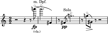 \relative c'''' { \clef treble \override Staff.TimeSignature.style = #'numbered \time 2/2 \set Score.tempoHideNote = ##t \tempo 2 = 50 \accidentalStyle dodecaphonic \set Staff.midiInstrument = "string ensemble 1" r2 r4 r8 a8^"m. Dpf."^\flageolet_\markup { \tiny (vla.) }\fp~( | a2.^\flageolet fis,,4) \set Staff.midiInstrument = #"viola" | r8 fis8^"Solo"\pp( g'2.)^\flageolet | r8 g8^\flageolet(\> gis,8) \! r8 r2 | }