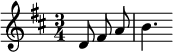 \relative { \set Score.tempoHideNote = ##t \tempo 4 = 90 \set Staff.midiInstrument = #"trumpet" \key d \major \time 3/4 \partial 4. \autoBeamOff d'8 fis a | b4. }