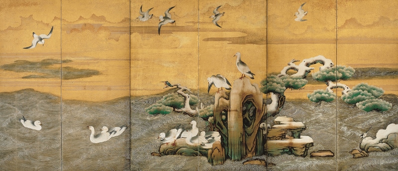 冬の浜辺の水鳥図。屏風、右パネル。1629年。重要文化財。