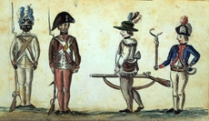 1781年にヨークタウンでフランス人が描いた4人のアメリカ兵