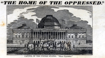 1836年、鎖につながれた奴隷の一団が米国議会議事堂の前を歩いている。
