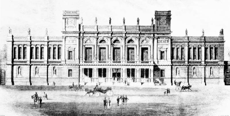 1870年から1900年まで大学の管理棟として使用されていたバーリントン・ガーデンズ6番地のイラスト。