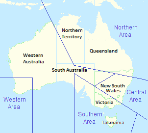 州境を示すオーストラリアの地図。RAAF の管区司令部境界線も重ねて表示されている。