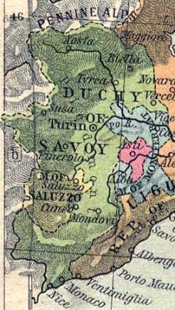1494 年のイタリアの地図。サルッツォは北西にあり、マジックミント (淡い緑) で示されています。