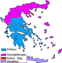 ギリシャにおける正教会の宗教管轄区域（青色）。1913年以降にギリシャが併合した「新領土」（ピンク、赤、紫）は、コンスタンティノープル総主教庁の教会管轄下に留まっている。