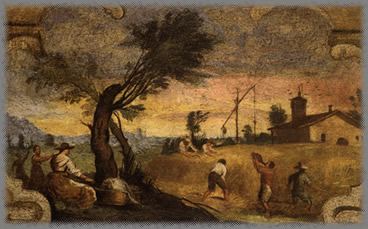 収穫（1615-1617年、フレスコ画、カンバスに転写、18×23.5cm、イタリア、チェント州ピナコテカ所蔵）。ロレンツォ・ジェンナーリ[4]の協力を得てチェントのカサ・パニーニのために制作されたフレスコ画の1つ。[37]