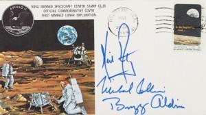 バズ・オルドリンのアポロ11号の保険証書。1969年7月20日消印、ニール・アームストロング、マイケル・コリンズ、バズ・オルドリンの署名入り。