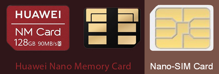 NMカード（Huaweiが作成した独自のメモリカード形式）電子接点はnano-SIMカードと同じスケール