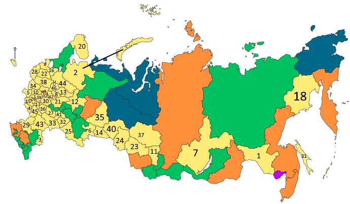 国際的に認められた国境線を使用し、州を番号で示したロシアの地図