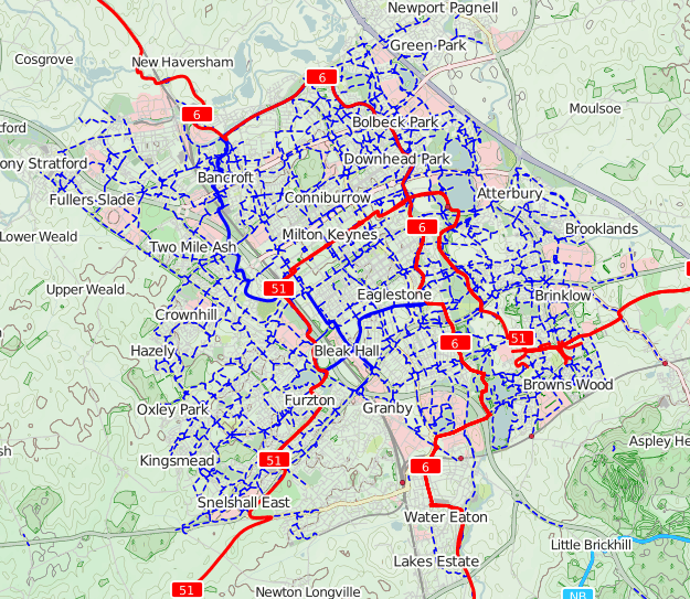 ミルトン・キーンズの自転車道ネットワーク。NCRルート6と51は赤色で強調表示されています。1970年、英国ではミルトン・キーンズ開発公社が「ミルトン・キーンズのマスタープラン」を作成しました。