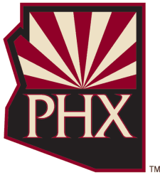 アリゾナ州の輪郭を描いたロゴに、昇る太陽のグラフィックと「PHX」の文字が添え​​られている。
