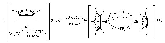 [(η5-C5Me5)Rh(Me2CO)3](PF6)2のアセトン溶液を加熱すると、ジフルオロリン酸錯体[(η5-C5Me5)Rh(μ-OPF2O)3Rh(η5-C5Me5)]+が得られます。