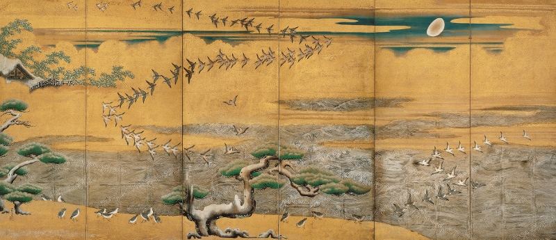 冬の浜辺の水鳥図。屏風、左パネル。1629年。重要文化財。