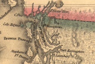1841年のアメリカの地図。シンプソン砦付近の54度40分線を境界線として示している。