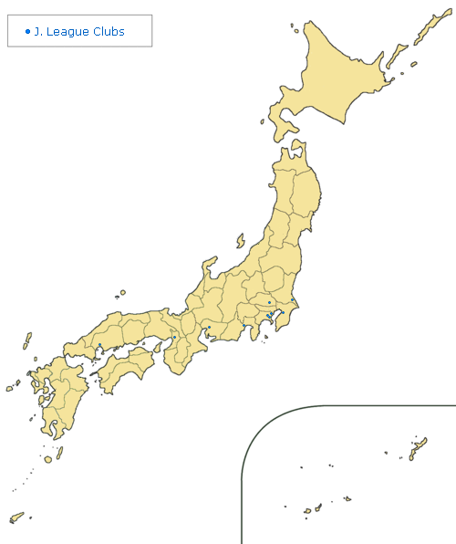 1993年のJリーグ10クラブの地理的位置。