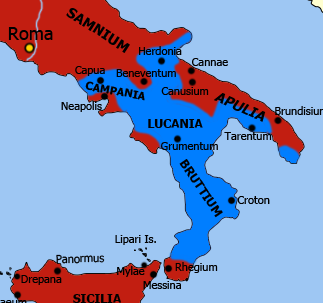 カルタゴの支配範囲の最大値を示す、イタリア半島南部の地図